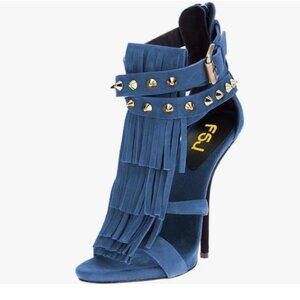 FSJ Blue Tassels Gladiator Heeled Sandals Open Toe Stiletto Heel Fringed Shoes